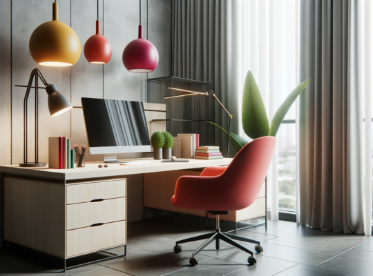 Un bureau simple avec trois abats-jours colorés et stylés