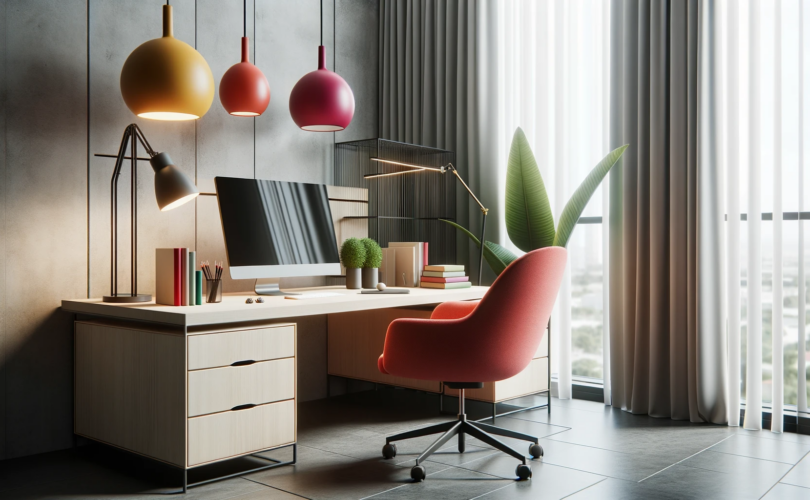 Un bureau simple avec trois abats-jours colorés et stylés